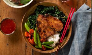 Asian Inspired Pork Loin Vegetable and Rice Bowl
