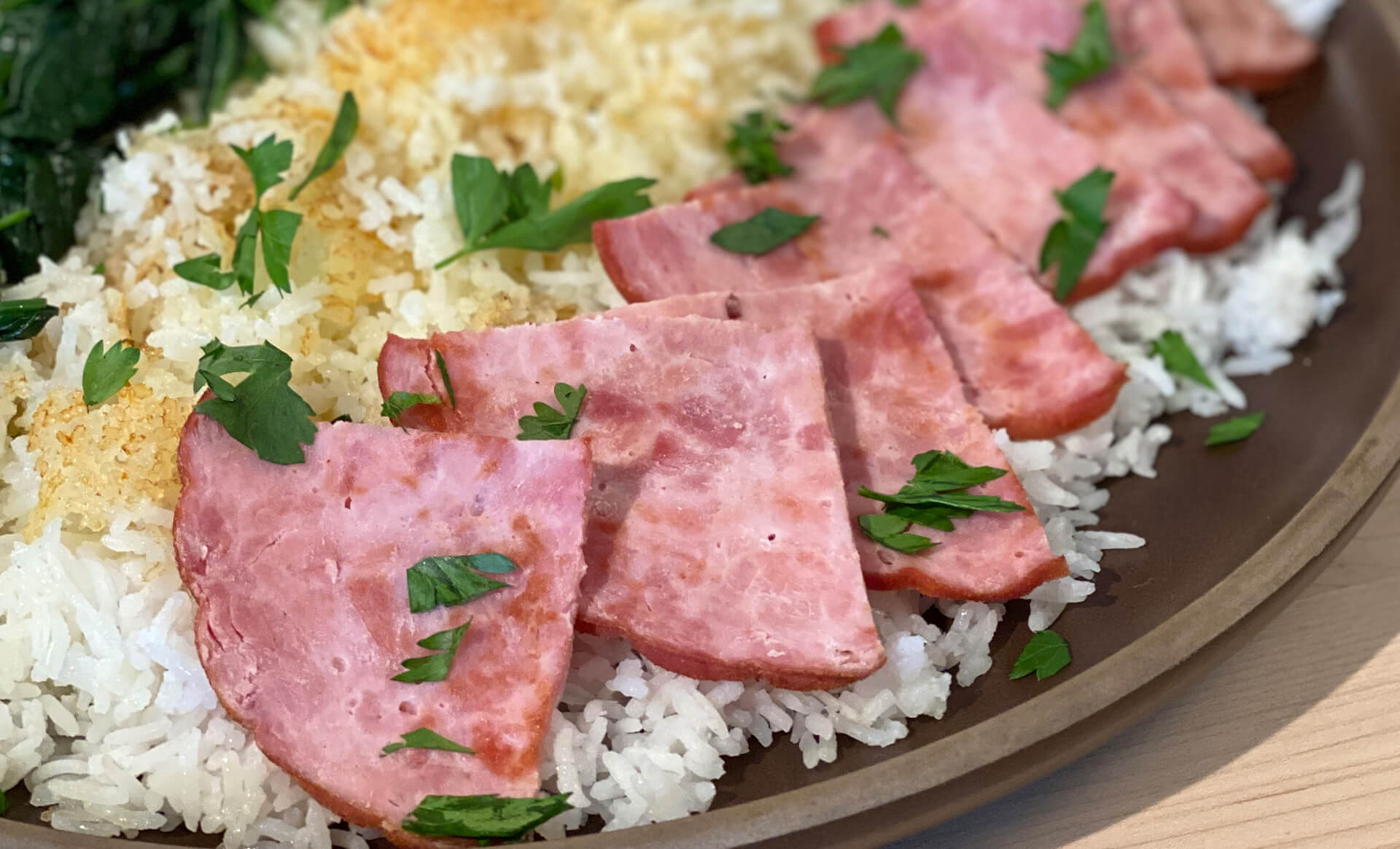 Crispy Rice with Ham and Greens