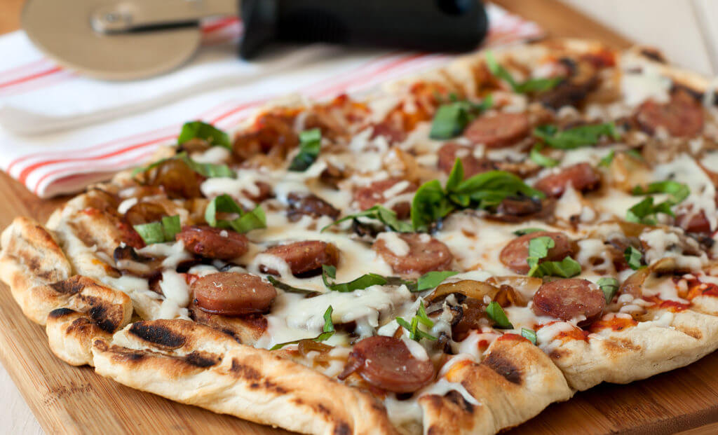 Grilled Pizza with Pork Sausage, Mushrooms and Onions