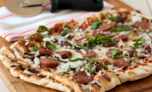 Grilled Pizza with Pork Sausage, Mushrooms and Onions