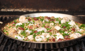 Paella on the Grill with Sausage and Shrimp