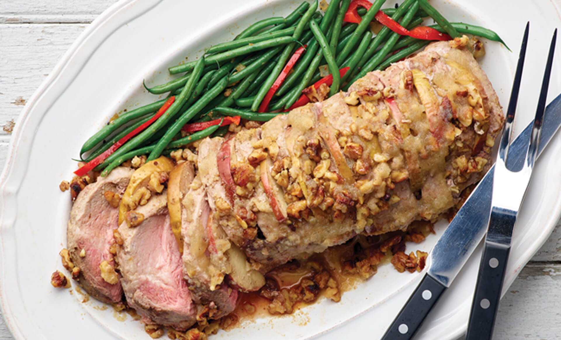 Paleo Friendly Hasselback Pork Tenderloin with Apples and Walnuts