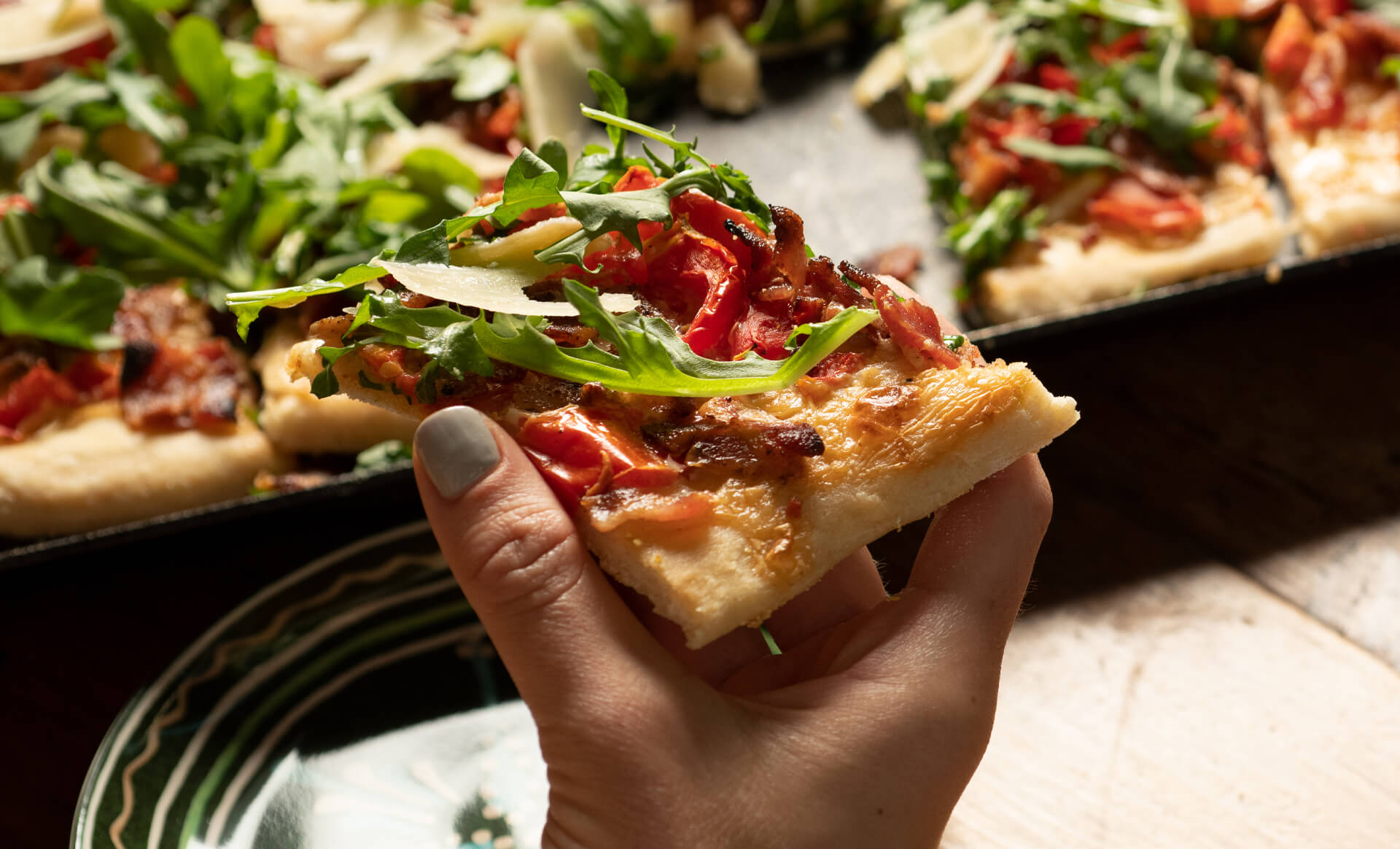 Bacon Arugula and Tomato Thin Crust Pizza