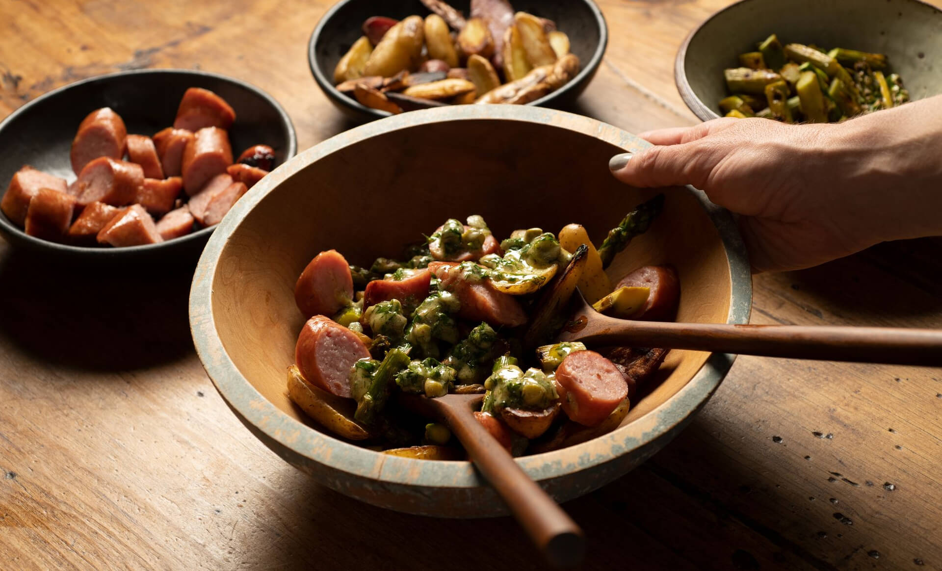 Fingerling potato salad with grilled asparagus and kielbasa