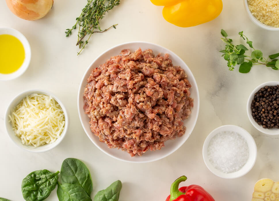ground pork on a table with ingredients