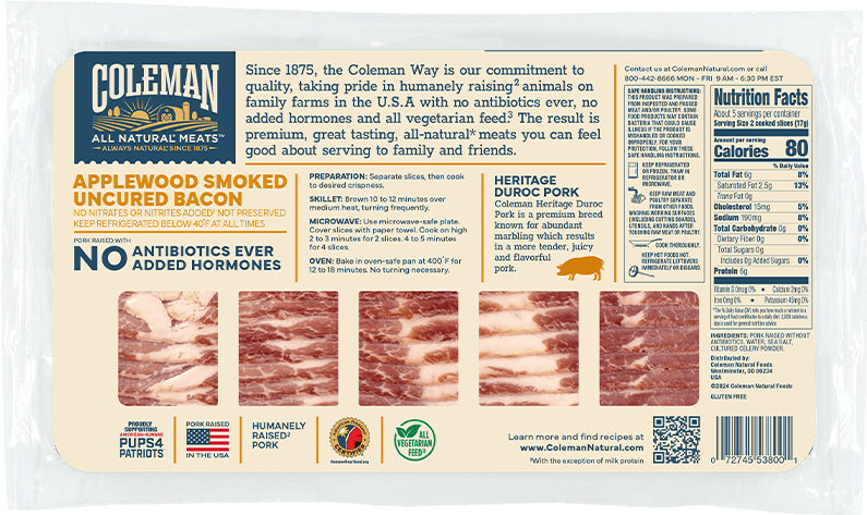 Coleman Products Applewood Smoked Uncured Bacon BACK