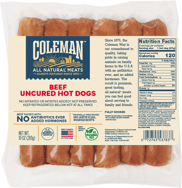 Coleman Products Beef Uncured Hot Dogs 10oz