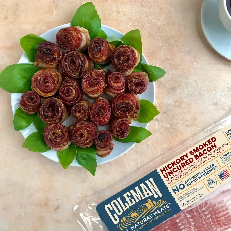 bacon roses on a table with packaged bacon
