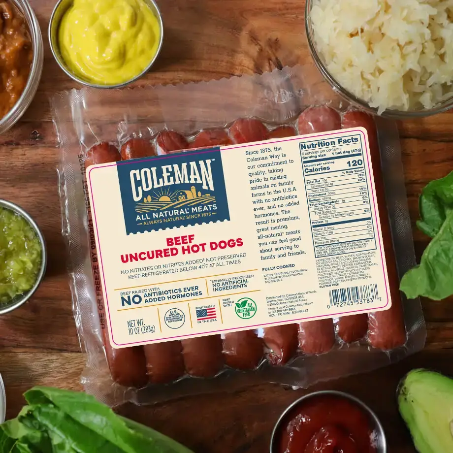 coleman hot dog packaging on table with ingredients